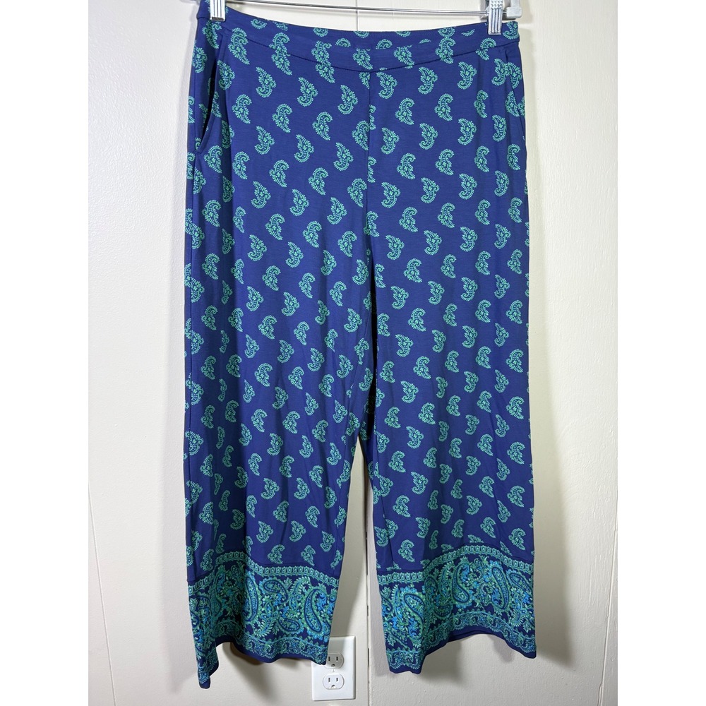 J.Jill Wearever Navy Blue Floral Paisley Cropped Wide Leg Pull On Pants M